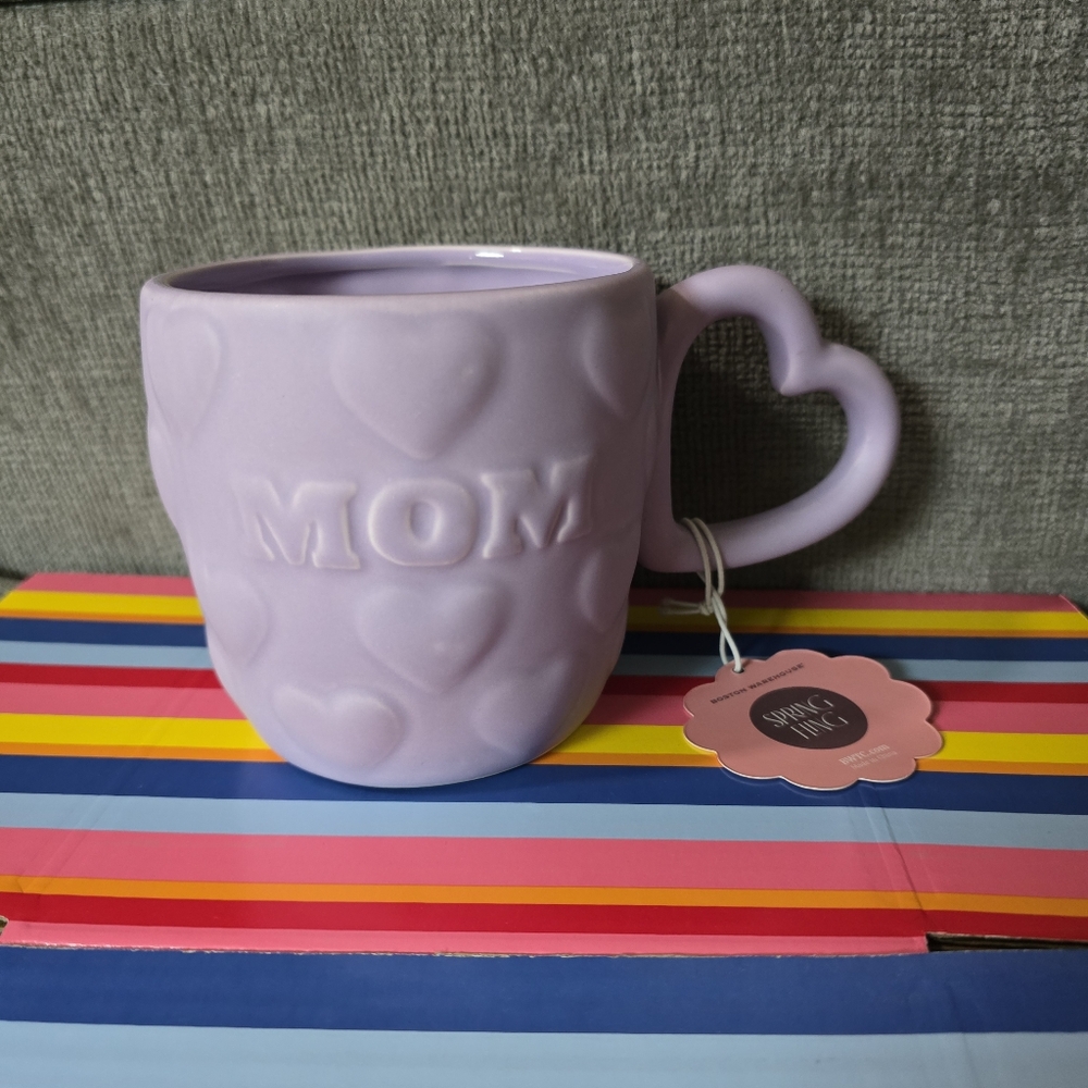 Coffee Mug Purple Hearts Shaped Handle MOM Mother Gift Cup Figural Hand-painted